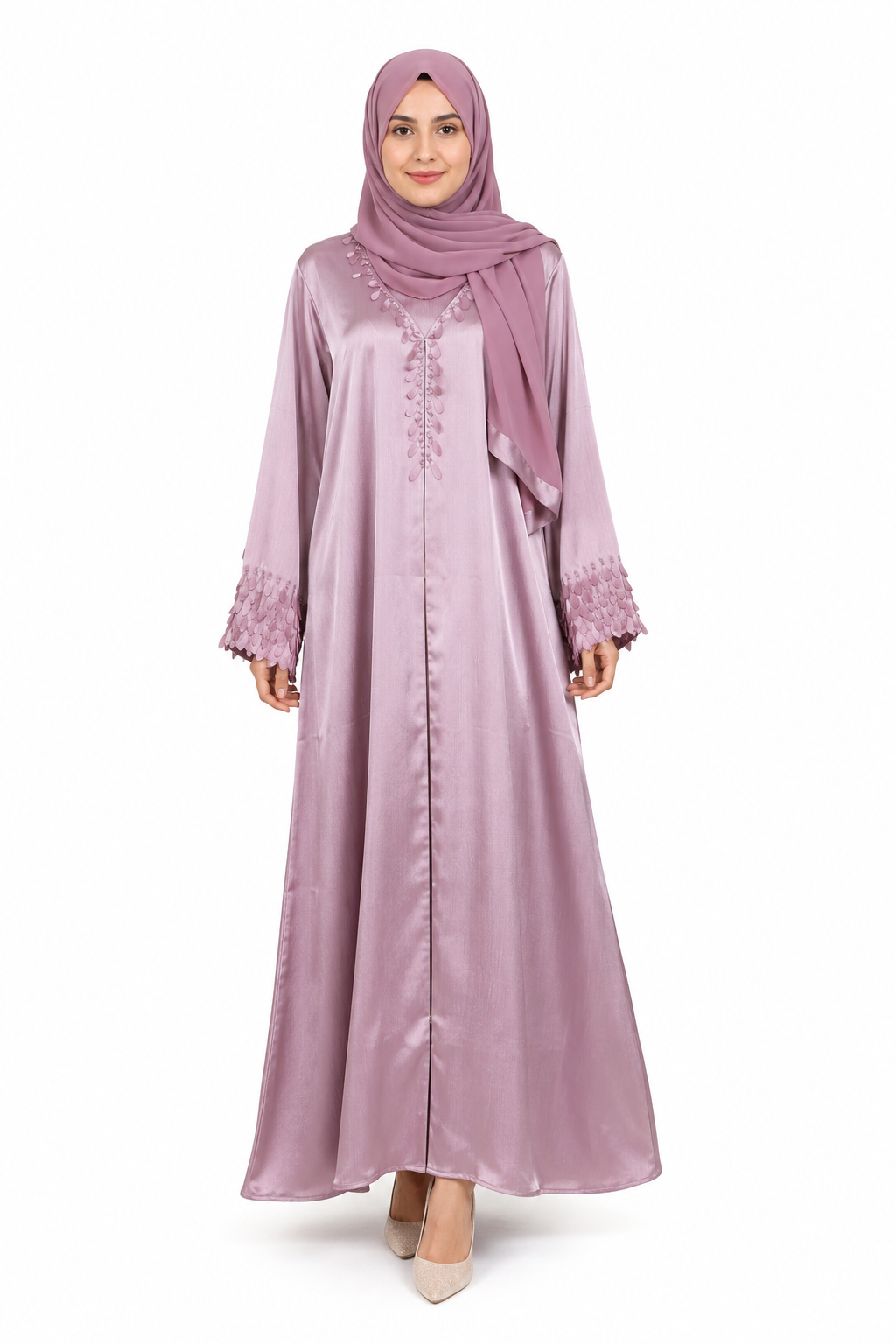 Lilac Satin Feather Cuff Front Open Abaya
